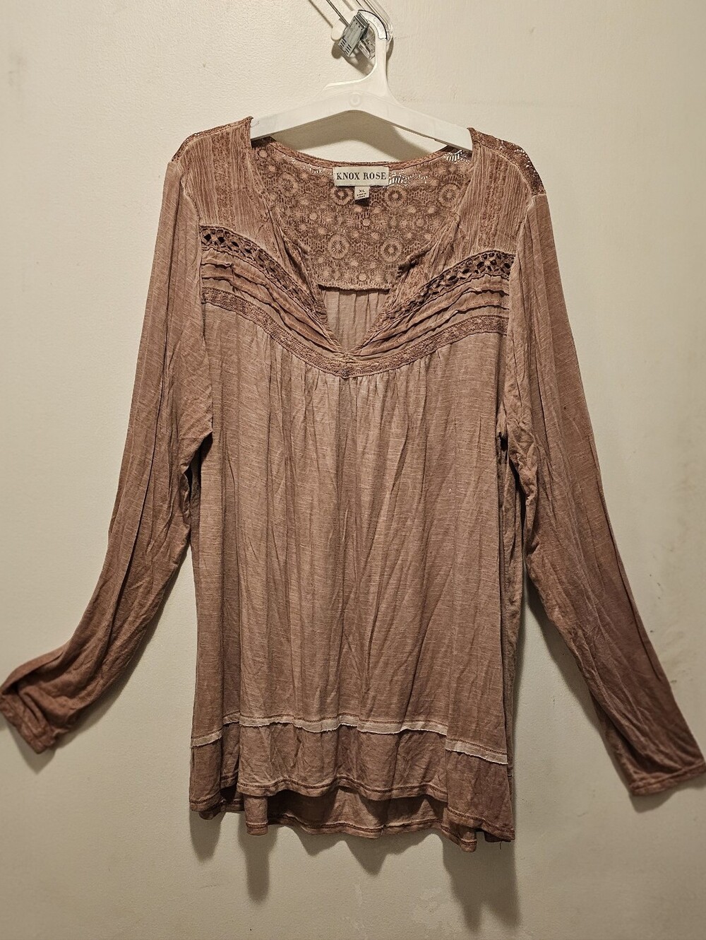 Knox Rose XL Dusty Rose Crochet Lace Boho Long Sleeve Tunic Top
